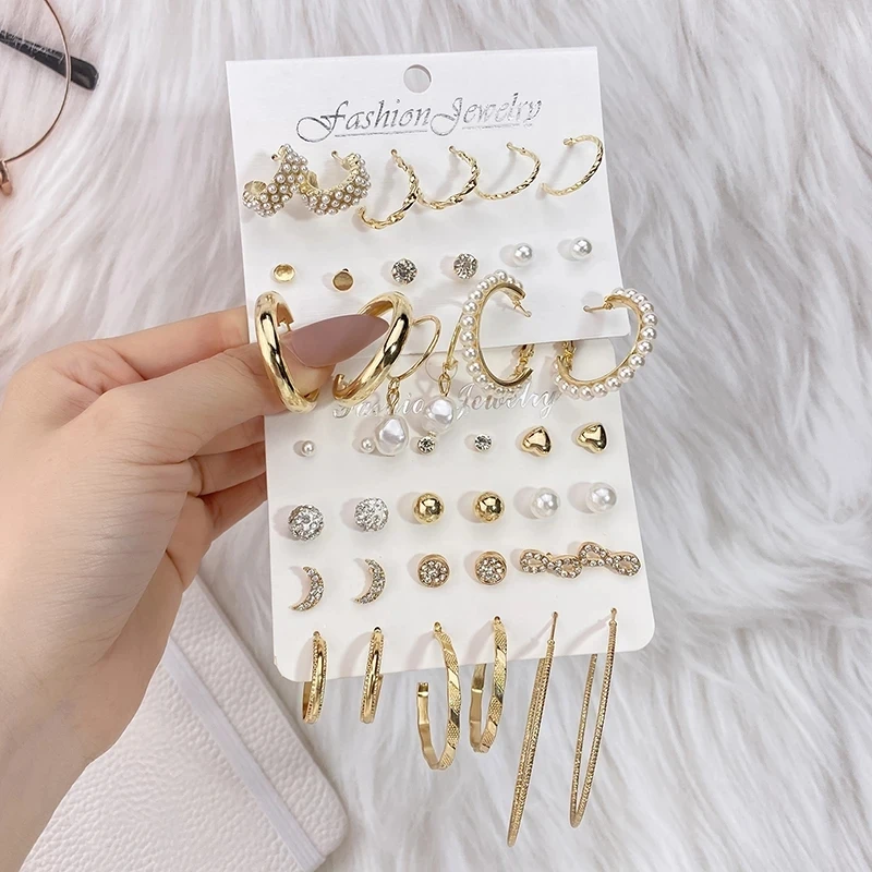 

KISS WIFE Fashion Pearl Hoop Earrings Set For Women Geometirc Gold Metal Circle Hoop Earrings Brincos 2021 Trend Jewelry Gift