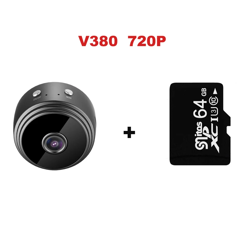 V380 720P With 64G A9, hd 1080 p, wifi, ip мини камера, маленькая, беспроводная, домашняя, для детей, ночное видение, безопасность, микро обнаружение движения, Hisilicon Hi3518EV200 cam - Цвет: V380 720P With 64G
