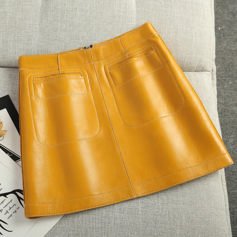 

Spring Autumn Fashion Elegant Women Genuine Leather Casual High Waist Mini Skirt Ladies A-line Short Skirts Black Yellow Green
