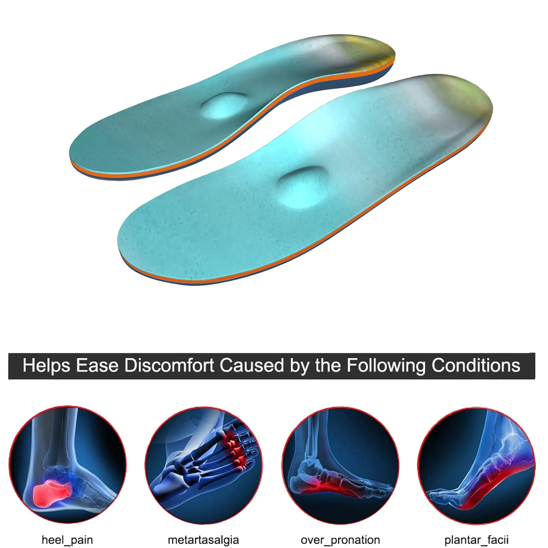 Blue high arch support, orthopedic insoles, plantar fasciitis, foot sports, running insoles