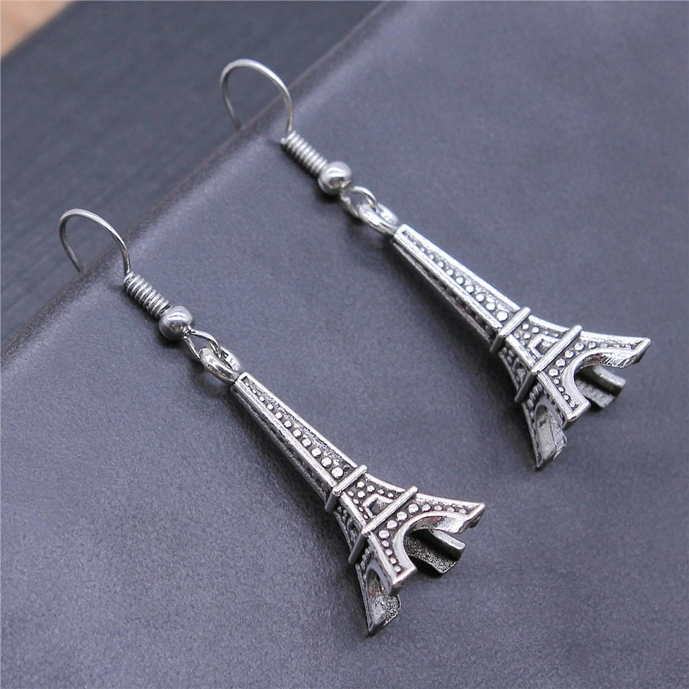 Vintage Antique Silver Color 29x11x11mm 3D Eiffel Tower Charms Dangle Earrings Drop For Women |