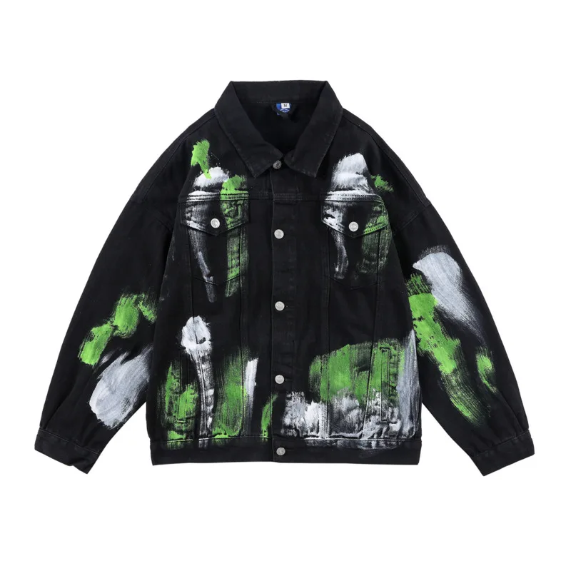 

Куртка Keroan Мужская джинсовая, хлопок, Повседневная Уличная одежда в стиле Харадзюку С граффити, черная белая, на пуговицах, 2021