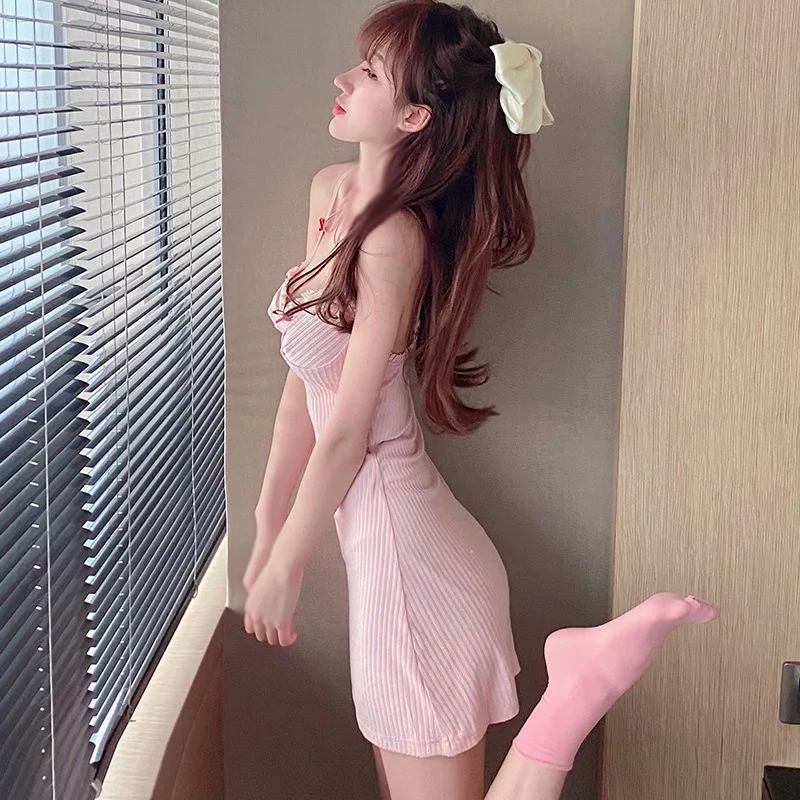 

Dress Women Summer V-Neck Lace Sexy Solid Color Sling Knitted Slim Inside Bow Grilly Style Skirt