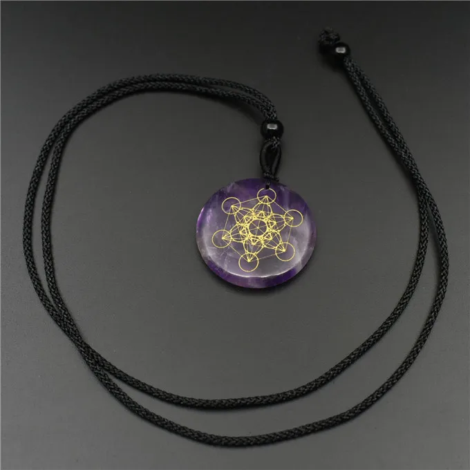 Amethyst Ожерелье из натурального обсидиана, кулон, цветок жизни, магический круг, гадание, Сри янтра, трикета, Метатрон, куб, мульти-размеры - Окраска металла: Amethyst