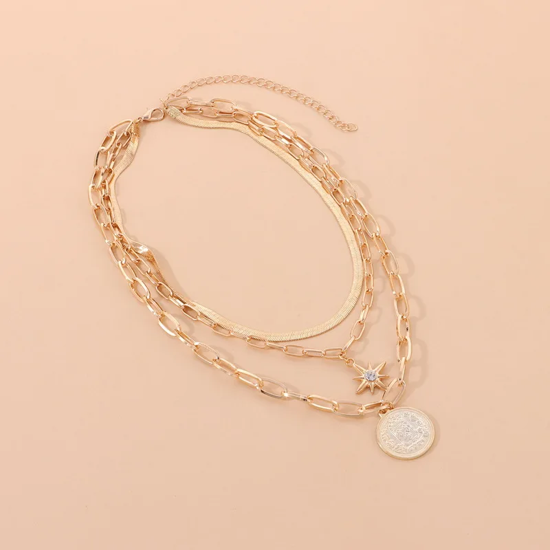 

Punk Multilayer Thick Chains Necklaces Round Figure Coin Star Pendant Necklace Women Geometric Sweater Chains Jewelry Necklaces