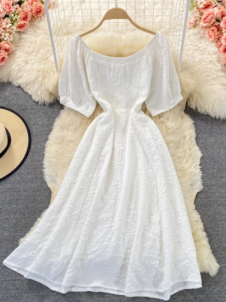 

Women's White Jacquard Dress 2021 Summer New Square Neck Girls Lady Godness Style A-line Waist Slim Vintage Dresses