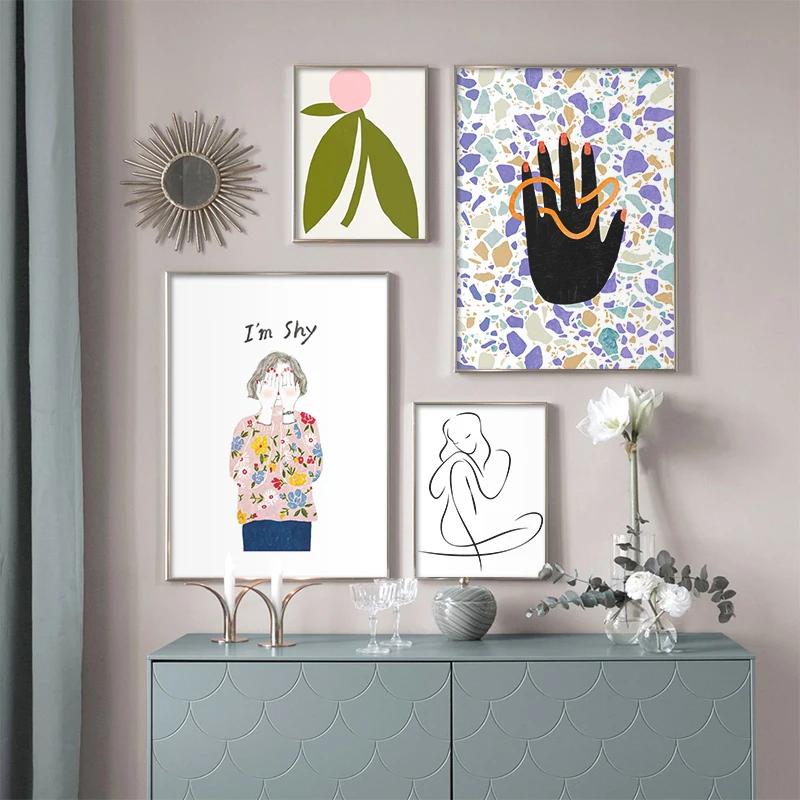 

The Beast Wall Art Modern Canvas Painting Shy Girl Hand Line Figure Posters and Prints Wall Picture for Living Room Decoration
