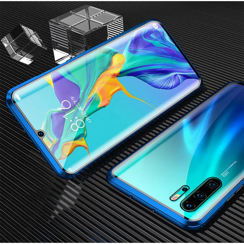 Blue Переднее и заднее закаленное стекло металлический магнитный чехол для huawei mate 20Pro P 30Pro изогнутое стекло 360 ° защитный чехол - Цвет: Blue