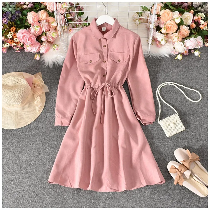 Женское вельветовечерние платье с длинным рукавом и поясом повседневное