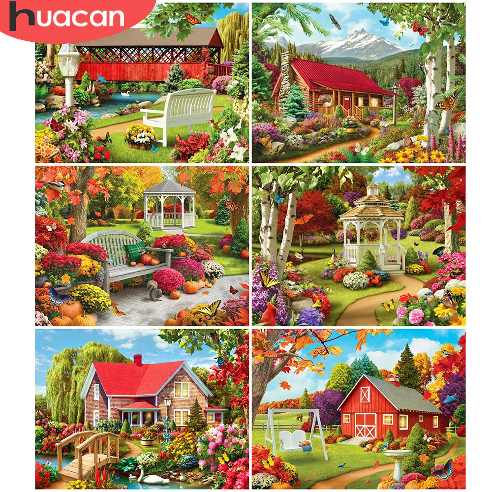 

HUACAN DIY Diamond Painting Scenery House Rhinestone Of Picture Spring 5D Mosaic Diamond Cross Stitch Garden Home Decoration
