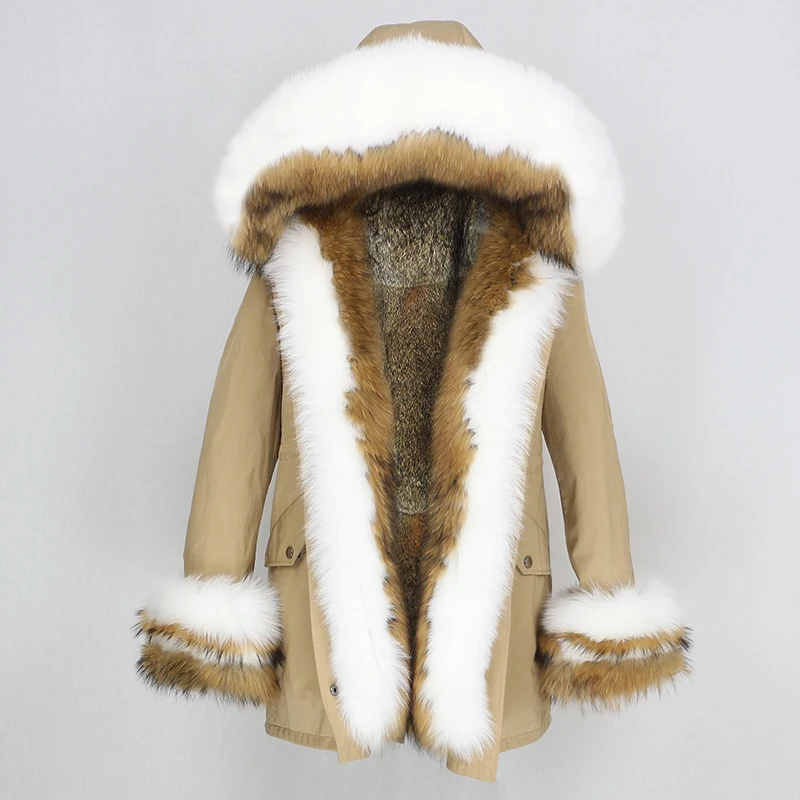 khaki natural F OFTBUY, зимняя куртка для женщин, пальто из натурального меха, толстая теплая парка с воротником из натурального Лисьего меха, верхняя одежда с подкладкой из кроличьего меха, уличная одежда - Цвет: khaki natural F