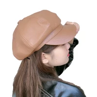 hanxi solid octagonal cap hats female autumn winter pu leather panama women hat artist painter girls newsboy caps beret