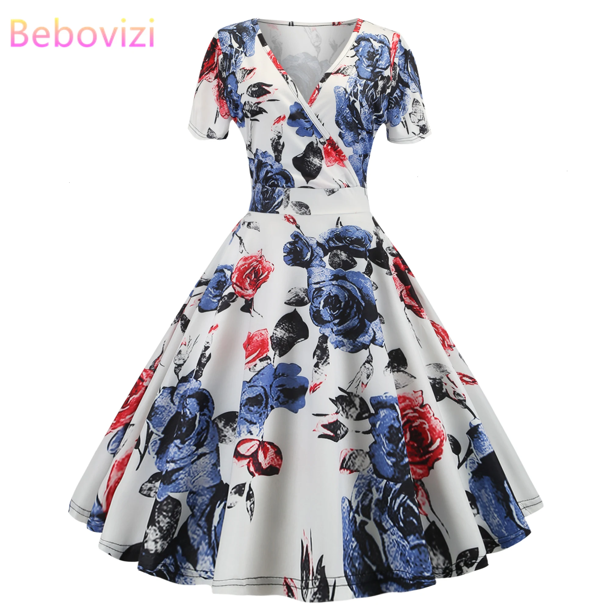 Bebovizi Women 2019 Summer Dresses Casual Office Elegant Vintage Short White Dress Plus Size Flower Print Sexy V-Neck Vestidos |