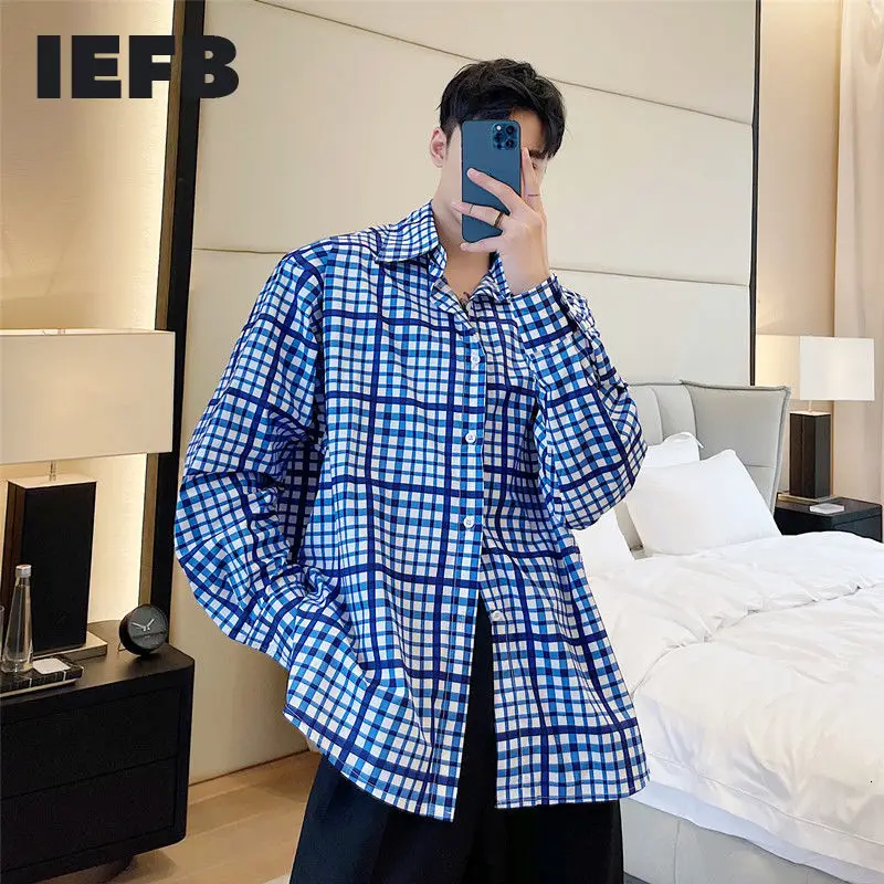 

IEFB New Korean Streetwear Plaid Shirt Men's Trend Causal Long Sleeve Tops Blue Loose Big Size Lapel Mans Clothing 2021 9Y6817