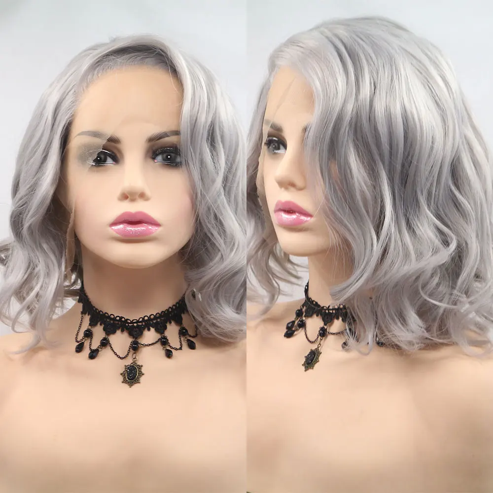 

Silver Gray Color Short Wavy Hair Transparent Synthetic Lace Front Wigs Heat Resistant Cosplay Or Daily Use For Women ANNISOUL
