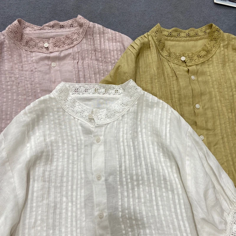 

Johnature 2021 Summer New Vintage Linen Patchwork Lace Dress Mori Loose Single-breasted Short Sleeve Pocket Women Dresses