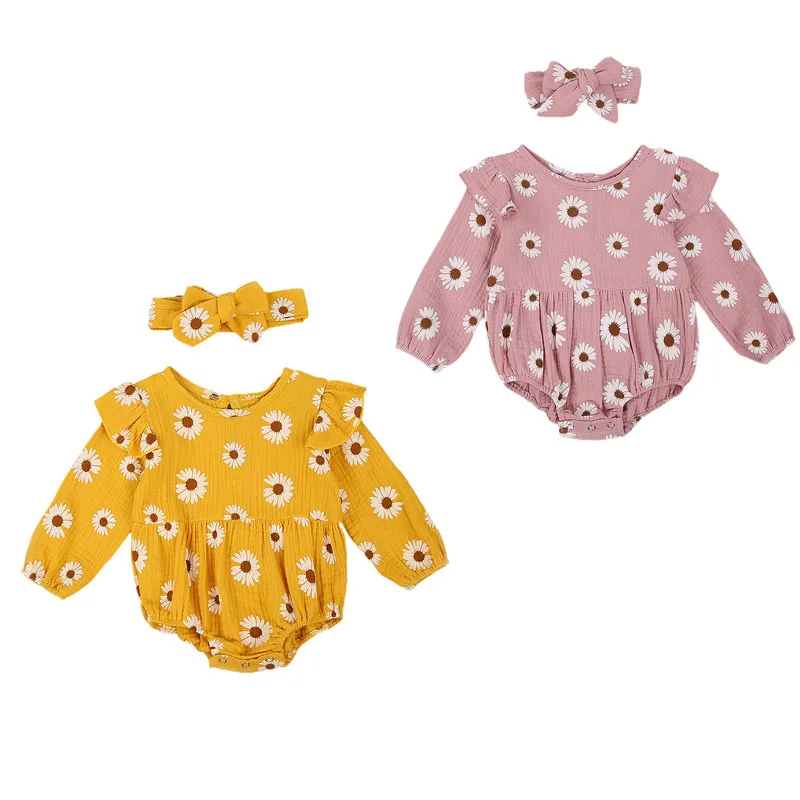 

Комплект из 2 предметов для малышей на осень, наряды, Дейзи Цветочный принт с О-образным вырезом и длинными рукавами, комбинезон + повязка на ...