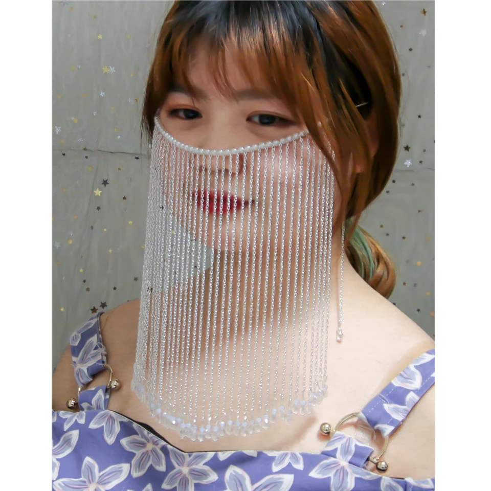 

Vintage Chinese Long Tassel Face Mask Metal Face Veil Chains Necklaces Face Mask bridal Crystal Head Jewelry