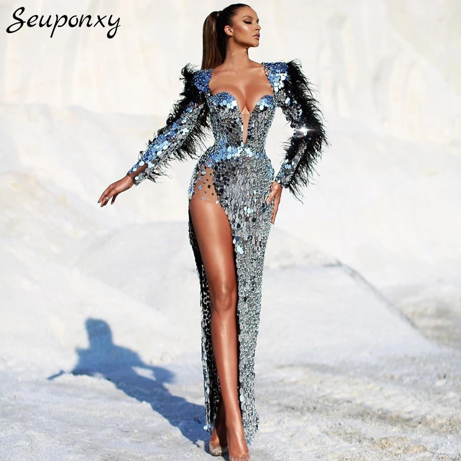 

High Quality Autumn 2021 New Women'S Elegant Bodycon Long Dress Sexy Long Sleeve Feather Sequins High Slit Club Party Dress