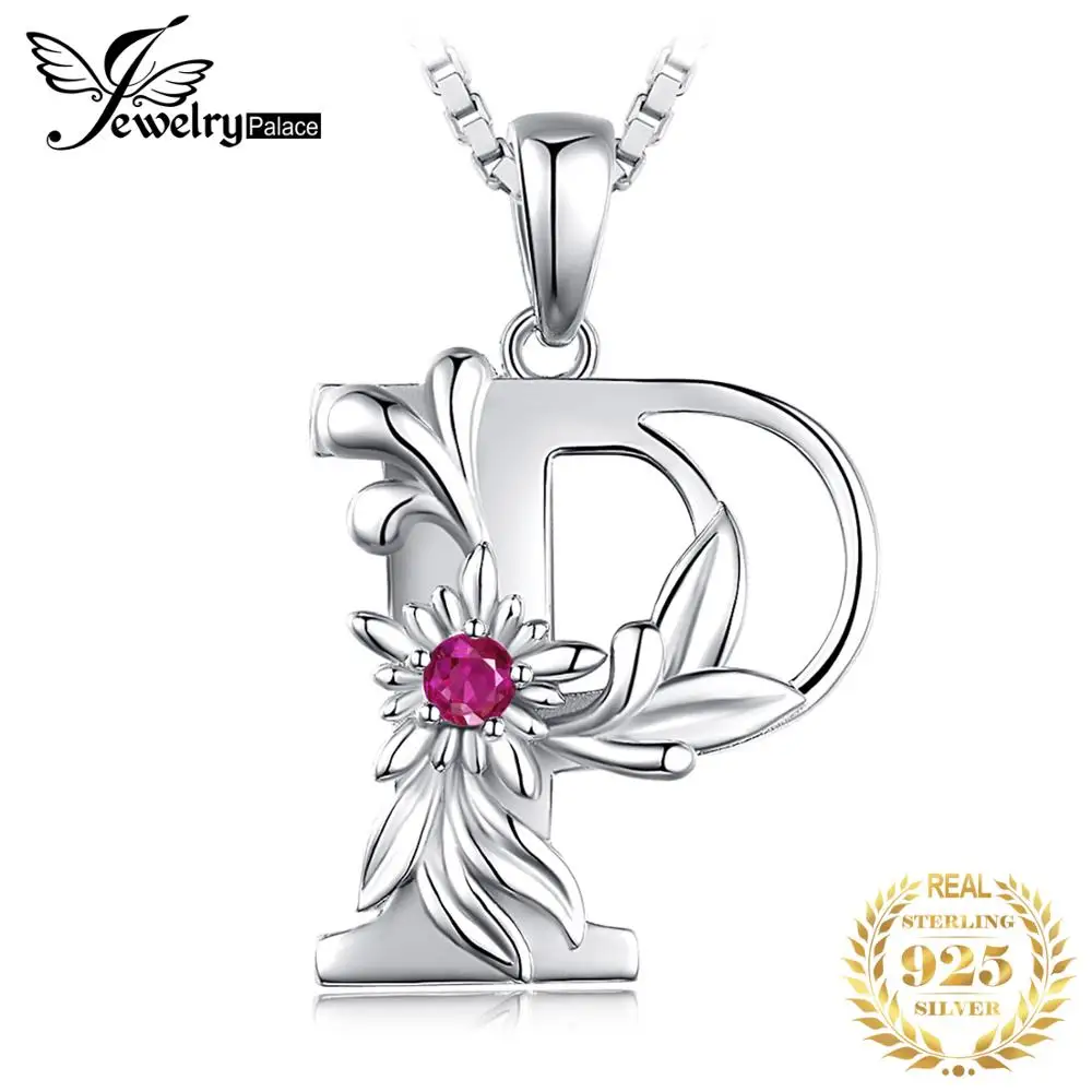 

JewelryPalace Flower Initial Letter Alphabet P 925 Sterling Silver Gemstone Created Red Ruby Pendant Necklace for Women No Chain