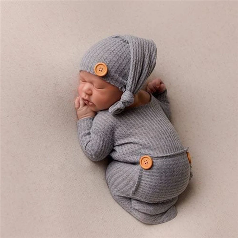 Accesorios de fotograf&iacute;a para reci&eacute;n nacido, trajes de beb&eacute;, mono con sombrero y bot&oacute;n, pelele suave, accesorios para sesiones de estudio, accesorios para fotos-3