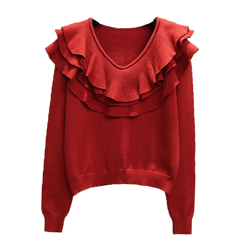 

V-neck multi-layer lotus leaf lace Pullover Sweater for women 2020 new sweet retro knitted top for women Qiudong