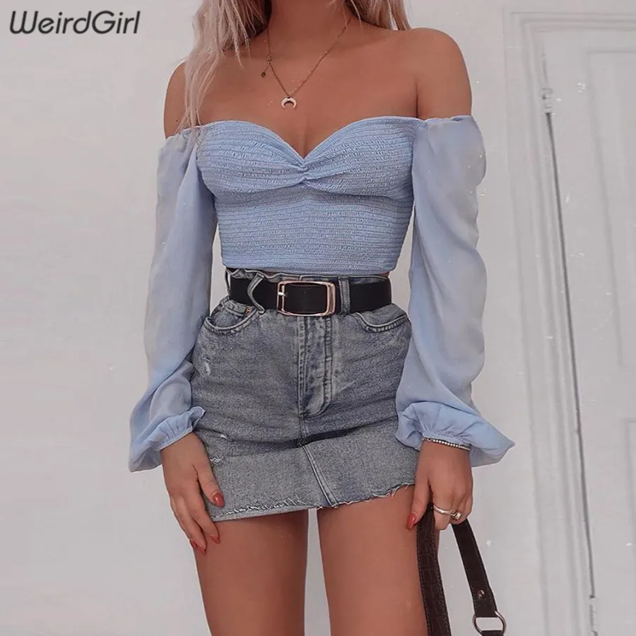 Weirdgirl, женская модная футболка с открытыми плечами, тонкие кроп-топы, v-образный вырез, длинный рукав, женские футболки, летняя уличная одежда, для девушек, для офиса, элегантная