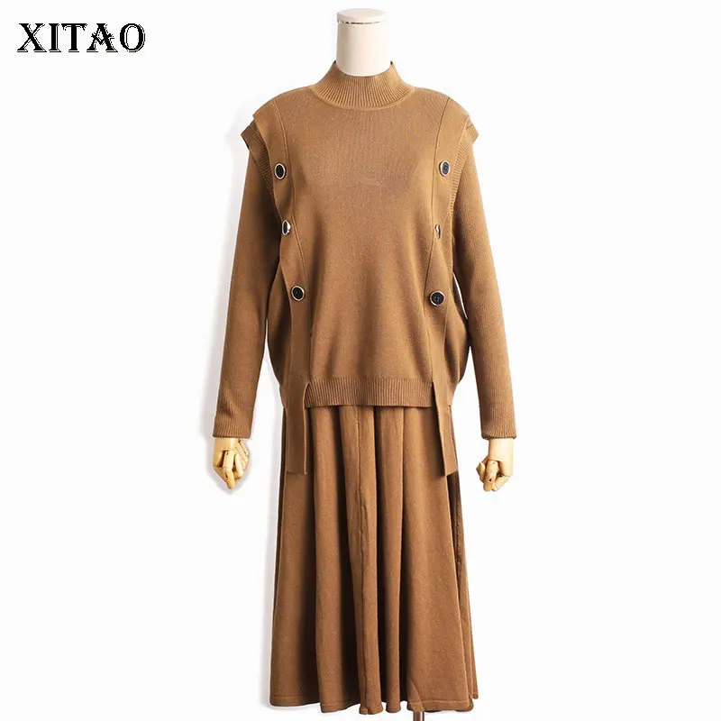 

XITAO/комплект из двух предметов, Женский однотонный пуловер с длинными рукавами, топ с эластичной резинкой на талии, плиссированная юбка с по...