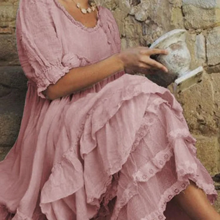 

Summer Vintage Dress Women Bohemian New Pure Color Lace Loose Large Size Round Neck Lantern Sleeve Stitching Big Swing Dress