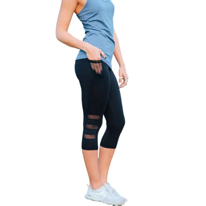 

Womens High Waist Workout Capri Leggings Tummy Control Stretchy Cropped Pants Hollow Out Stripes Running Tights With Pocket