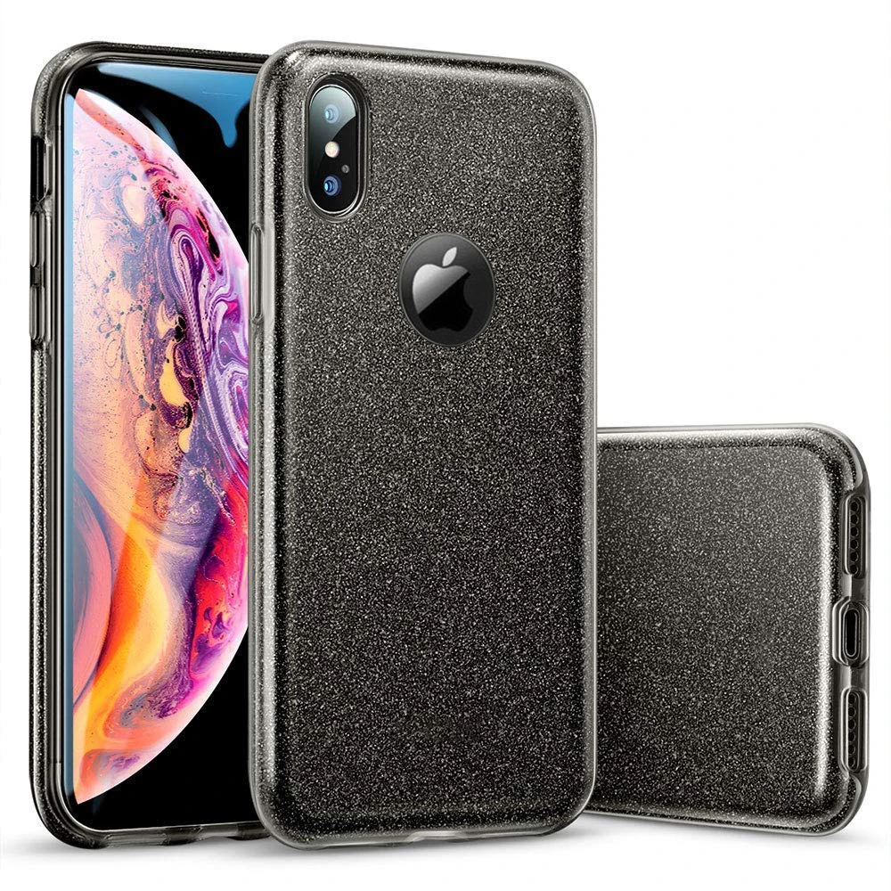 Black Чехол из поликарбоната+ ТПУ+ Блеск Блестящий Футляр для iphone 11 Pro XS макс 7 8, 6, 6S Plus, X XR 3 Слои Bling милый мягкий силиконовый чехол - Цвет: Black