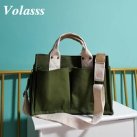 volasss womens shoulder canvas reusable shopping cloth bag large capacity shopper tote bags women multi pocket handbags fashion