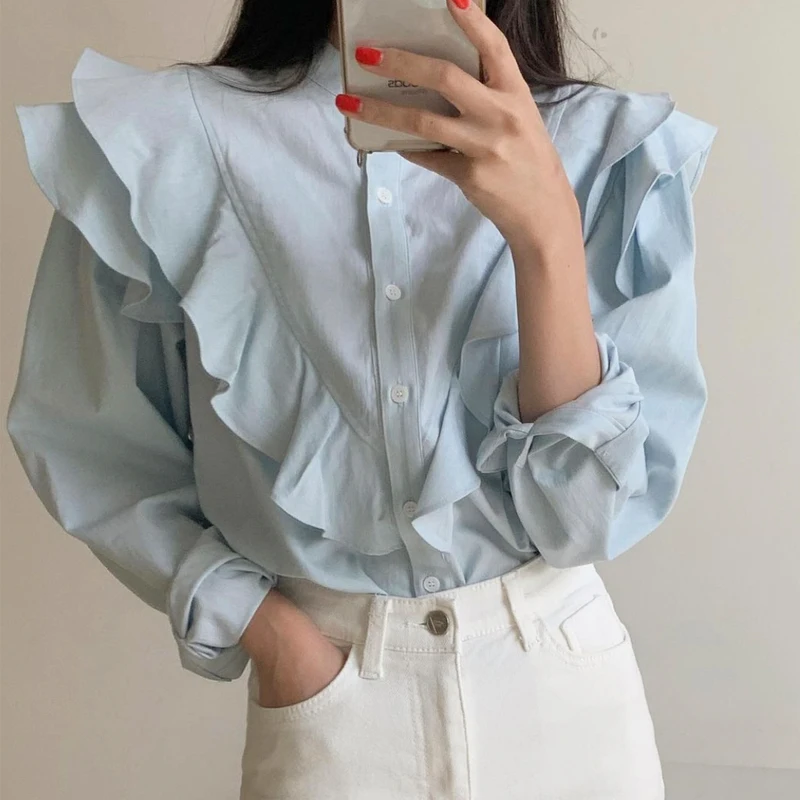 

Блузка женская с оборками, повседневная однобортная Свободная рубашка в Корейском стиле, шикарная блузка, голубая уличная одежда, весна-осе...