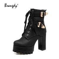 brangdy fashion ankle boots women platform shoes punk gothic style rubber sole lace up black spring autumn chunky boots woman