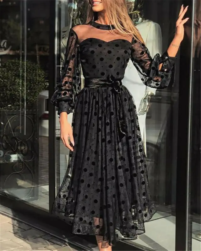 Goocheer New Arrival Plus Size Women Ladies Lace Mesh Sheer Long Sleeve Polks Dot Dresses Evening Party Gown Vestidos | Женская одежда