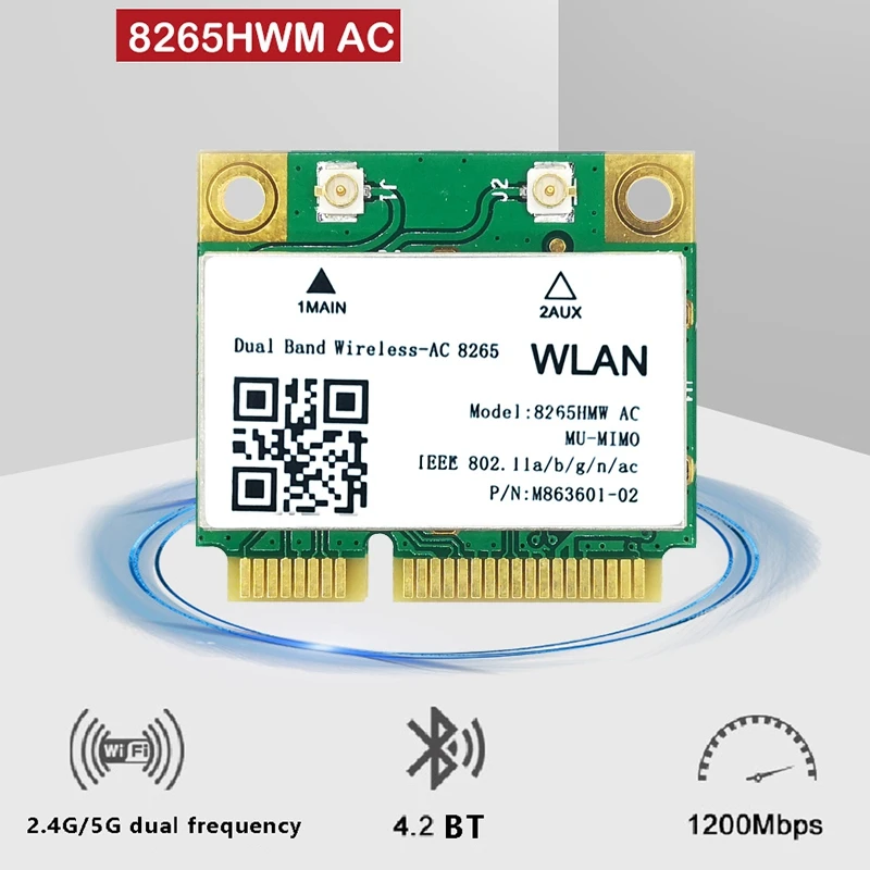 

WiFi Card 8265 AC 8DB Antenna 1200M Mini PCIE 2.4+5G Bluetooth 4.2 Support MU-MiMO for Win7 Win 8 Win 10 Linux