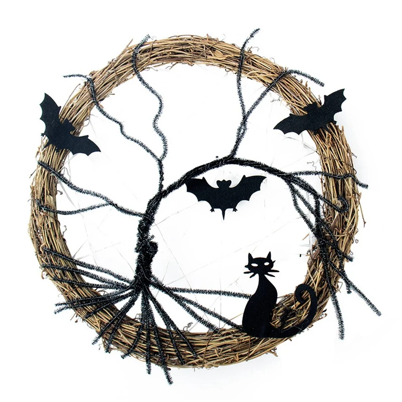 

Simulation Cat And Bat Glow Wreath Halloween Decorative Wreath Door Hanger For Halloween Home Party Decoration