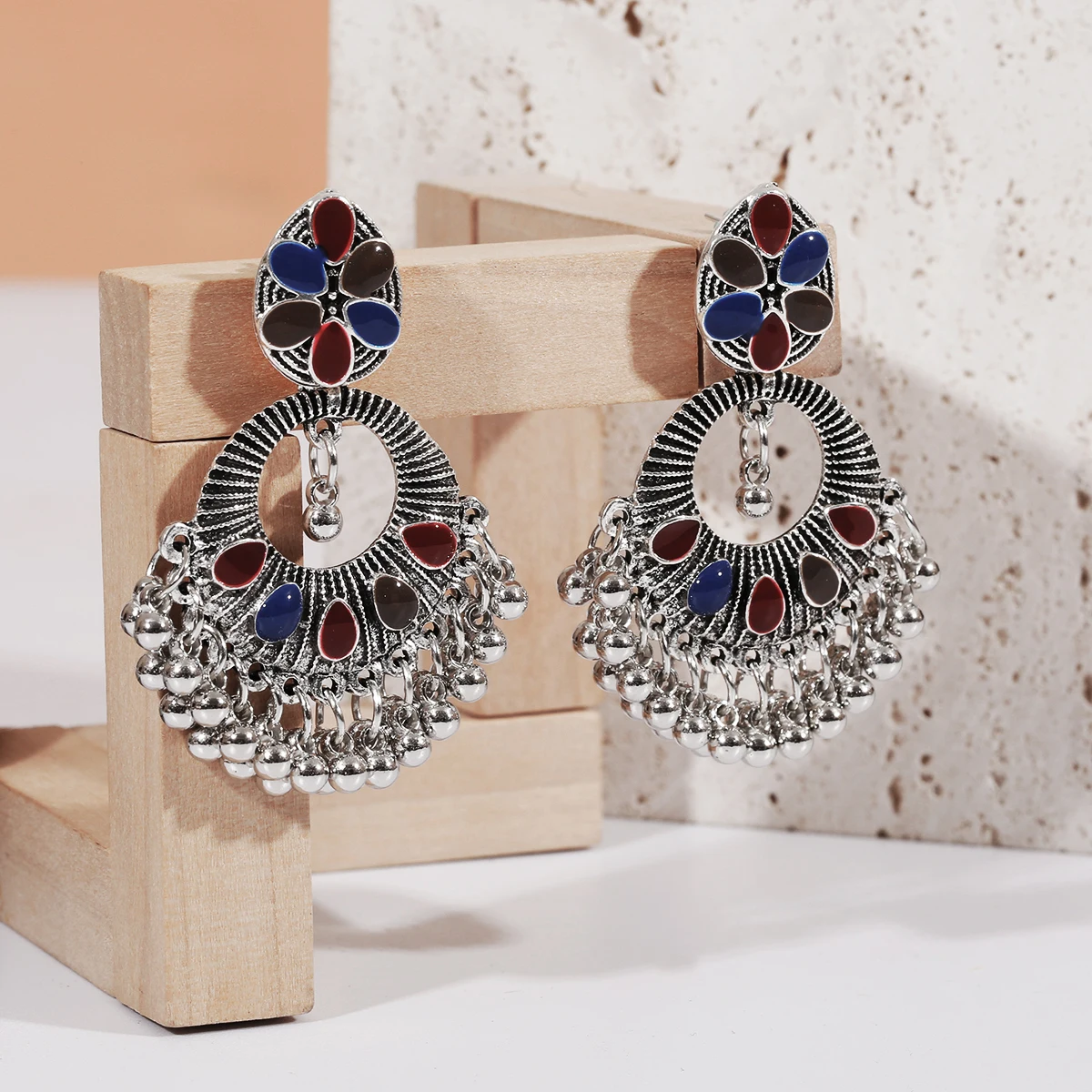 

Tassel Jhumka Vintage Silver Color Flower Bollywood Oxidized Earrings Women's Pendientes Ethnic Black Dripping Oil Earrings