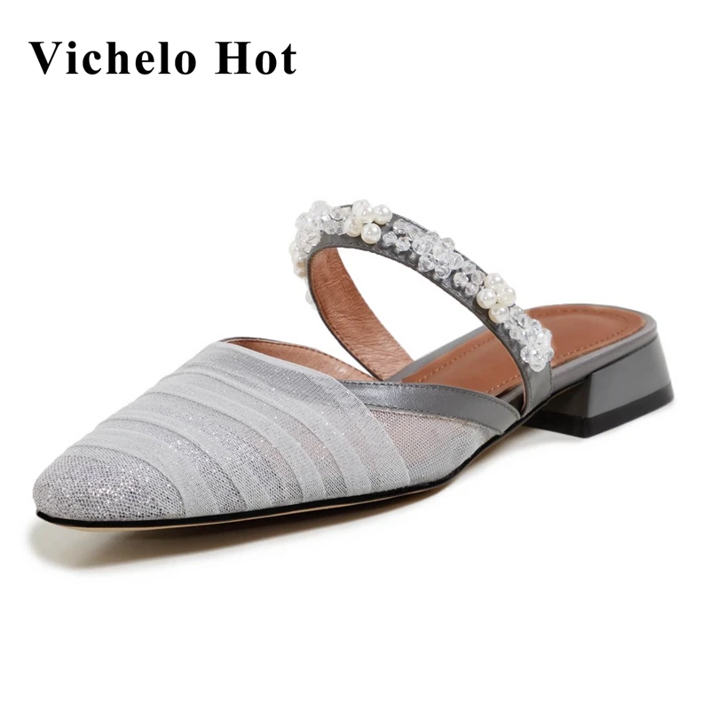 

Vichelo Hot summer mesh natural leather flowers pearl square toe low heels mules vintage bling shiny slip on outside slipper L10