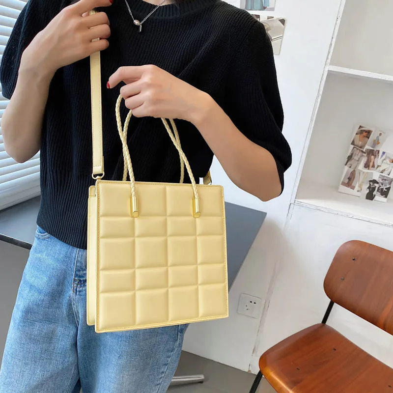 

Rope Shoulder Belt Grid Small PU Leather Crossbody Totes for Women 2021 Summer Branded Luxury Shoulder Bag Handbags