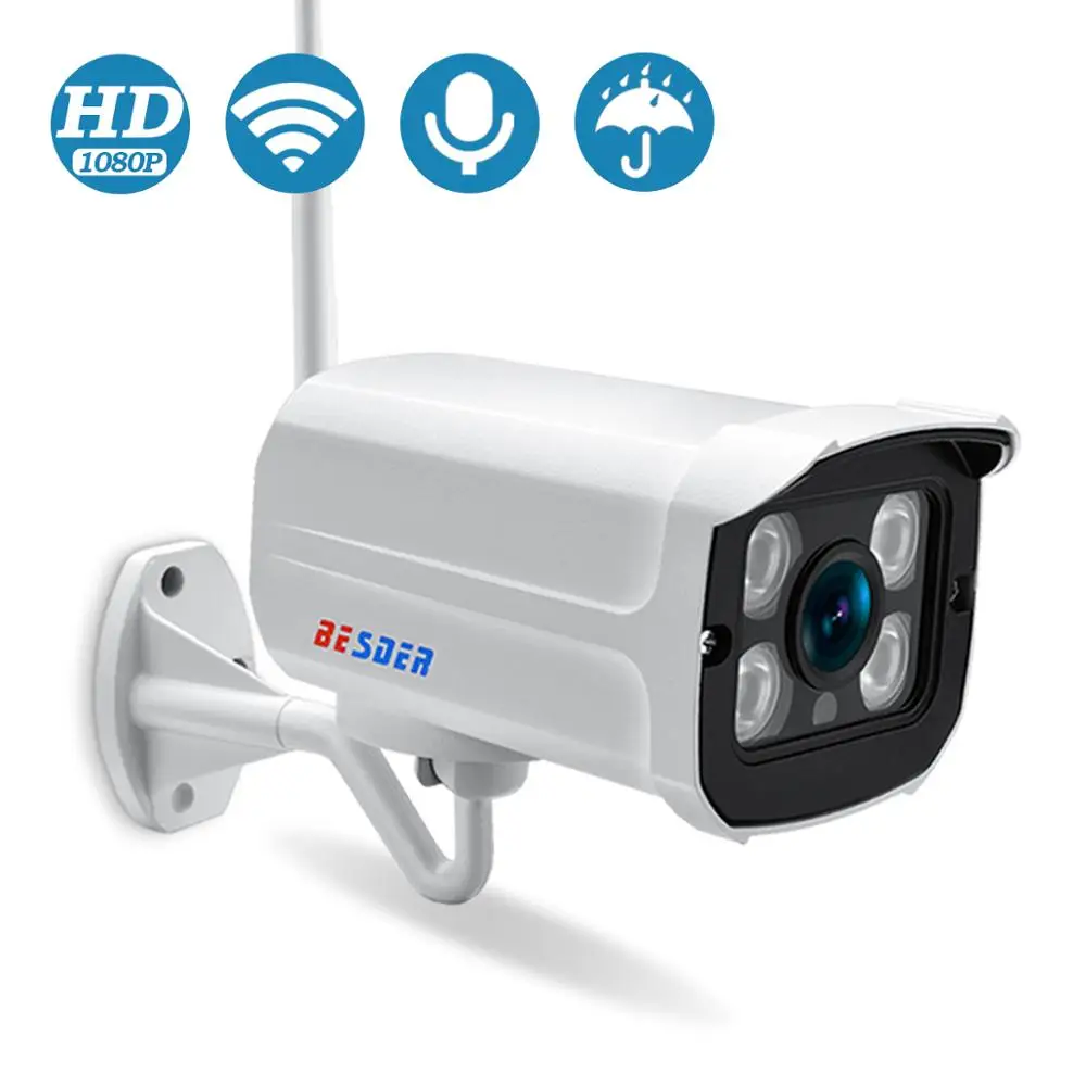 

BESDER аудио Wi-Fi камера 1080P Беспроводная сигнализация Push iCsee P2P 2MP CCTV Bullet наружная IP-камера со слотом для SD-карты макс. 64 ГБ