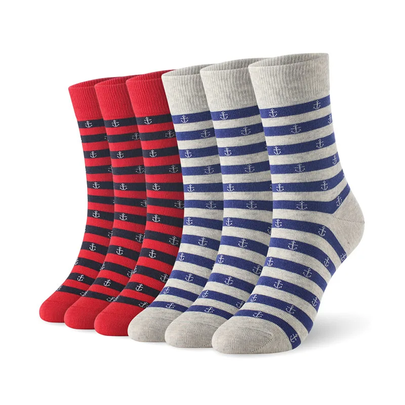 Red3Gray3 Хлопковые мужские носки в полоску с якорем, мужские мягкие носки, 6 пар/лот, Размер 7-11, европейские размеры 40-46, 1001 VKMONY - Цвет: Red3Gray3
