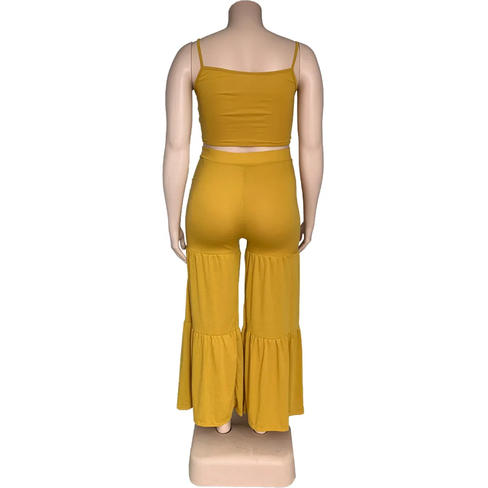 

2021 Summer Women Sexy Two Pieces Plus Size Sleeveless Spaghetti Strap Vest High Waist Solid Color Loose Pants Beach Style Sets