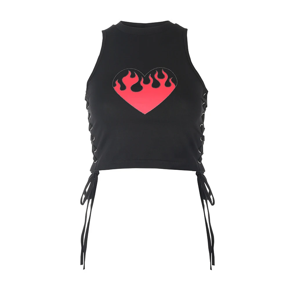 

2020 Summer Women's Clothing New Irregular Side Eyelet Tie Rope Digging Shoulder Small Vest Printed Bottoming Top Rock Halloween