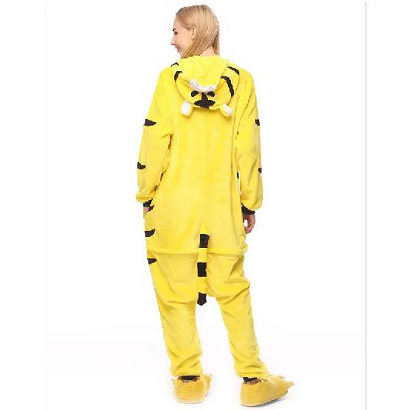 Yellow Animal Cartoon Tiger Pajamas Flannel Adult Unisex Home One-piece Sleepwear Christmas Halloween Cosplay Onesie Costume