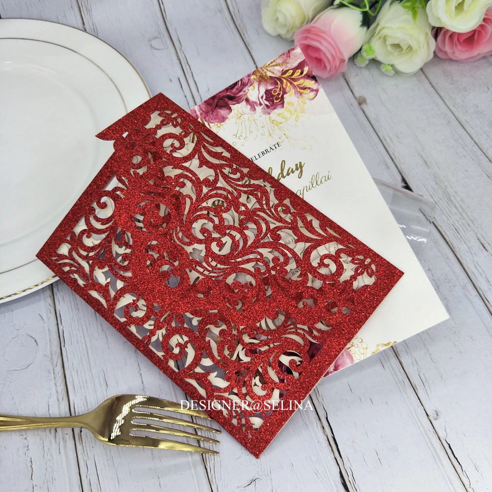 Роскошные свадебные приглашения с красными блестками