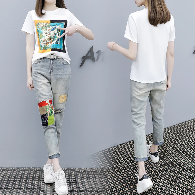 

New Printing Leisure Short-Sleeved Sweatshirt Denim Pants Women Summer Joker T-Shirt Holes Jeans Suit Outfit Lady Set