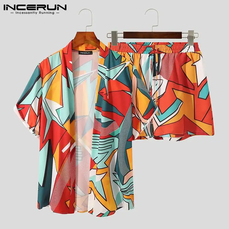 

INCERUN 2021 Men Printed Sets Streetwear Short Sleeve Open Stitch Shirt Drawstring Shorts Summer Vacation Men Hawaiian Suits 5XL