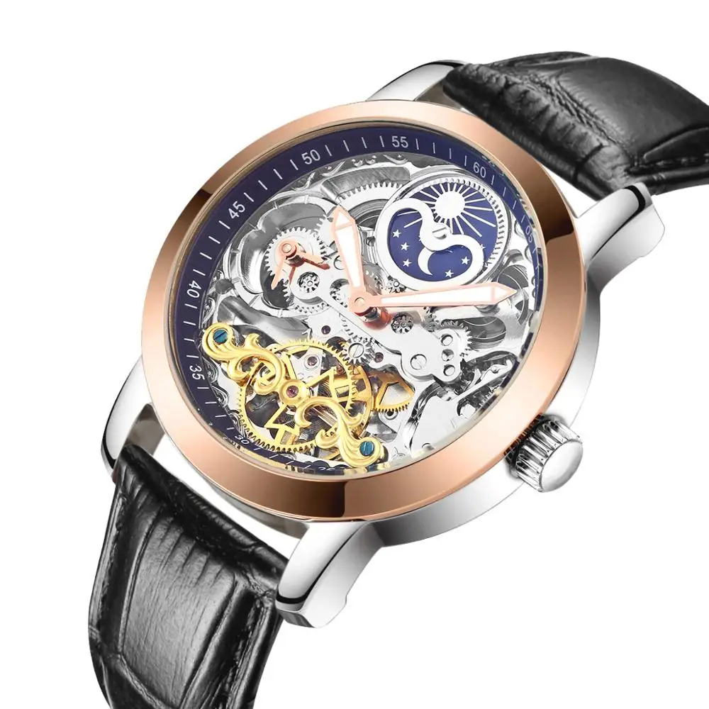 Rose gold blue-L HAIQIN, мужские механические часы, Роскошные автоматические часы, мужские Tourbillon часы со скелетом, спортивные водонепроницаемые часы, Reloj Hombre - Цвет: Rose gold blue-L