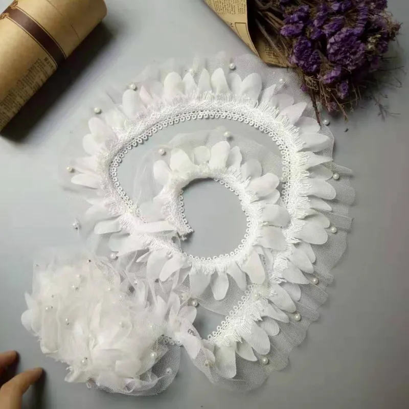 2 ярдов 70 мм Жемчуг 2-слойная плиссированная кружевная лента собранная сетка